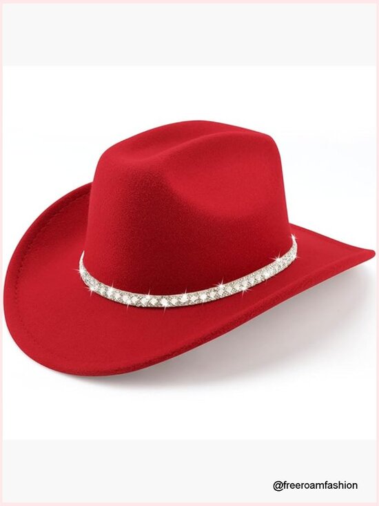Western Cowboy Hat Wide Brim Rhinestone Felt Fedora Unisex